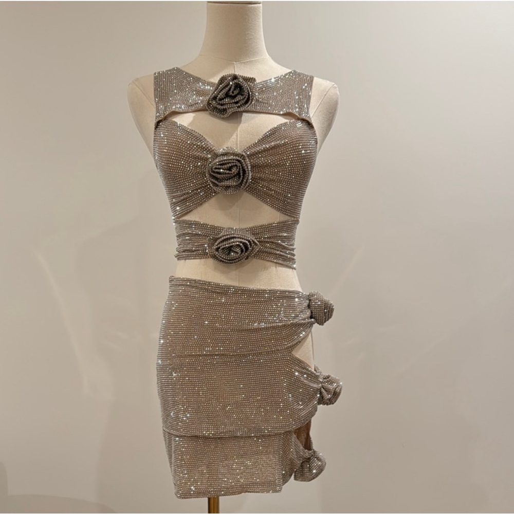 Elegant Nude Tan Creme Silver Evening Dress